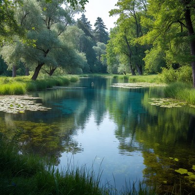 Serene Forest Lake with Lily Pads