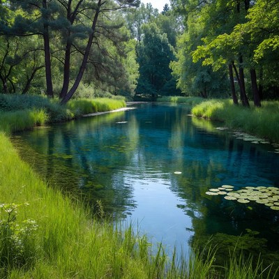 Clear blue river with lily pads