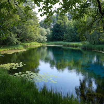 Serene Pond with Lily Pads and Trees