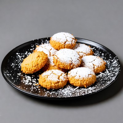 Powdered Sugar Cookies on Black Plate