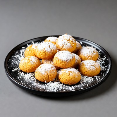 Powdered Orange Cookies on Black Plate