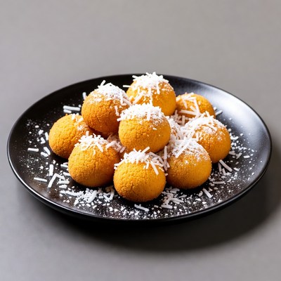 Coconut-covered orange balls on plate