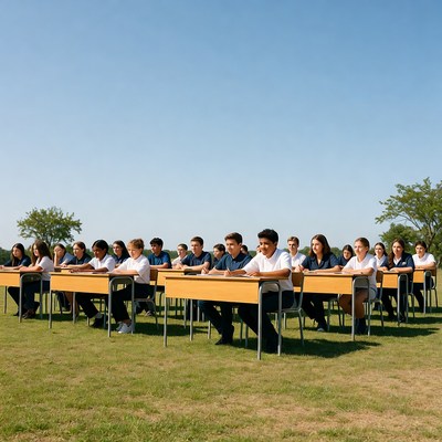 Students sitting at desks outdoors
