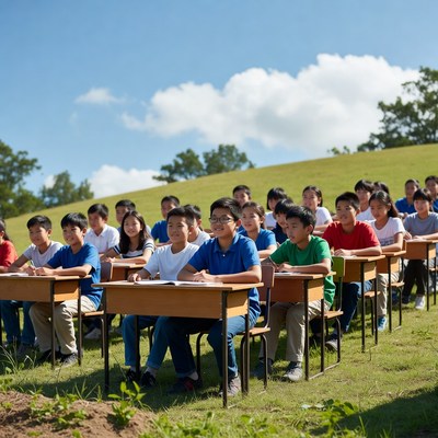 Asian school children at outdoor desks