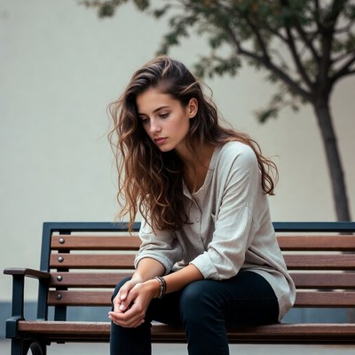 Woman sitting pensively on park bench