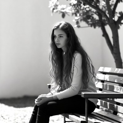 Woman sitting on bench by tree