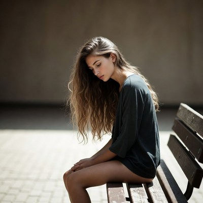 Woman sitting on bench pensively