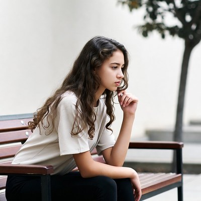 Young woman sitting thoughtfully on bench