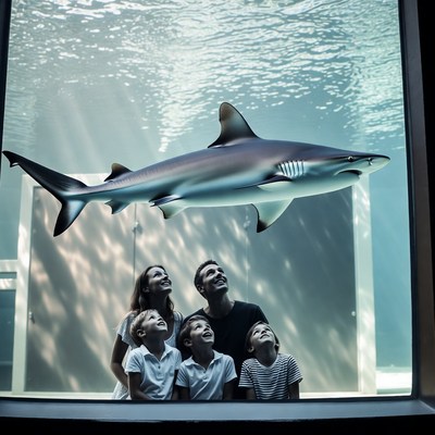 Family watching shark in aquarium