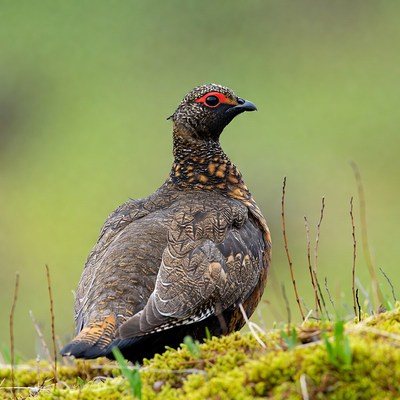 Ptarmigan bird on green moss