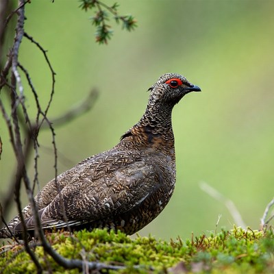 Ptarmigan bird in green forest