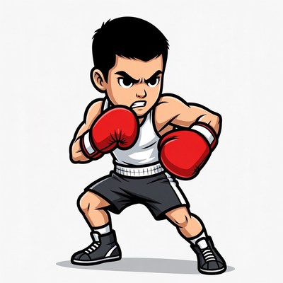 Cartoon Asian boy boxer in fighting stance
