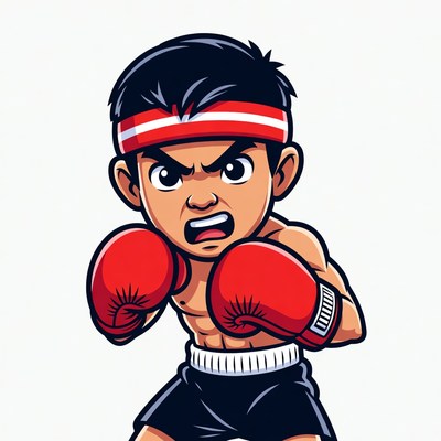 Cartoon Asian boy boxer with red gloves