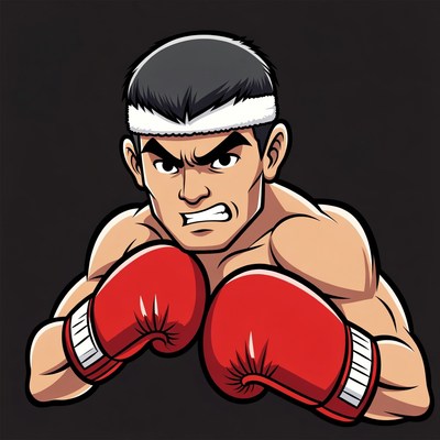 Cartoon Asian boxer with red gloves