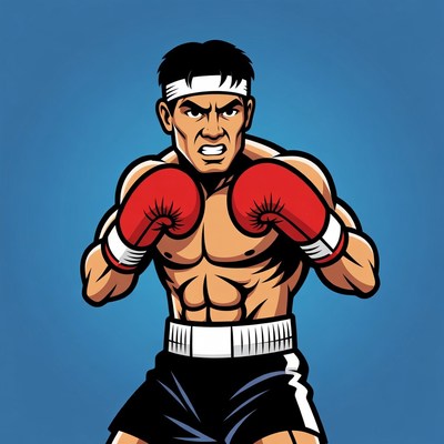 Muscular Asian boxer in fighting stance