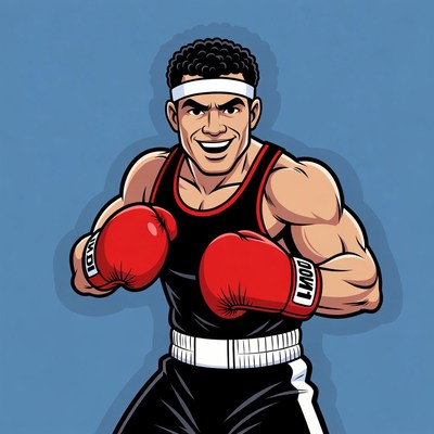 Muscular African-American boxer in red gloves
