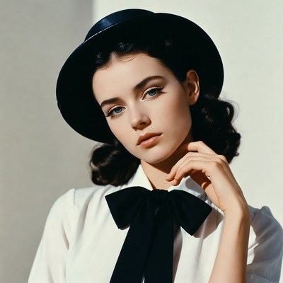 Woman in black hat and bow tie