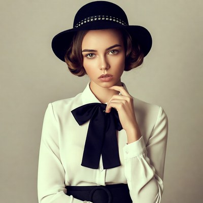 Woman in black hat and bow tie blouse