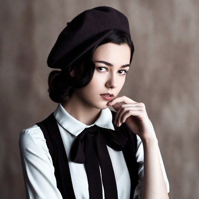 Woman in beret with hand on chin