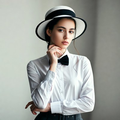 Woman in straw hat and bow tie