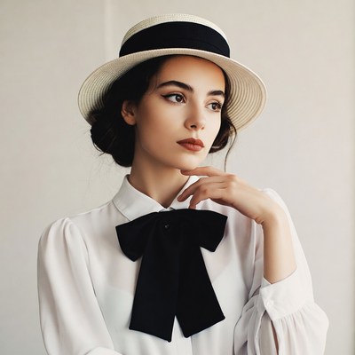 Woman in straw hat with black bow blouse