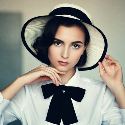 Woman in wide-brim hat and bow tie