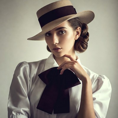 Woman in beige hat and bow tie