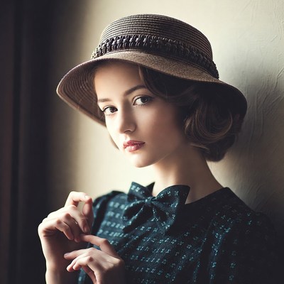 Woman in vintage hat against wall