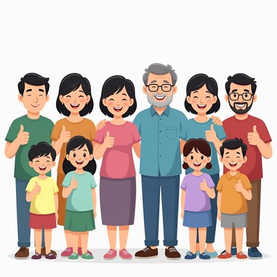 Happy Asian family giving thumbs up