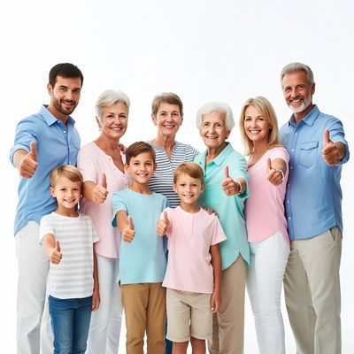 Multi-generational family giving thumbs up