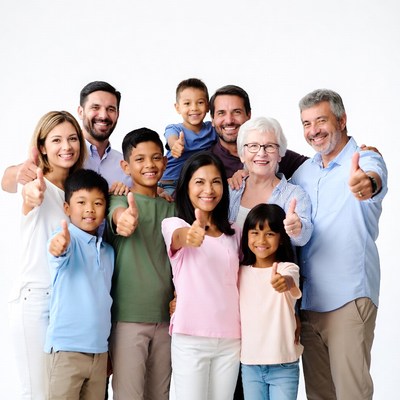 Multigenerational family giving thumbs up