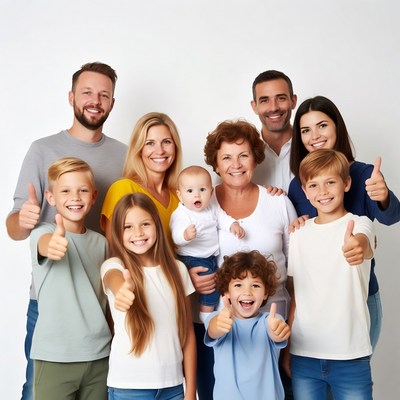 Happy multi-generational family giving thumbs up
