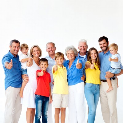 Happy multi-generational family thumbs up