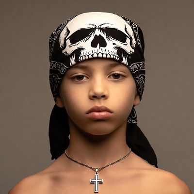 Boy wearing skull bandana necklace
