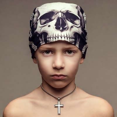 Boy wearing skull bandana necklace