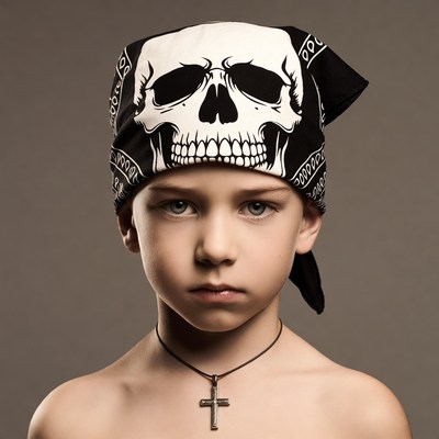 Boy wearing skull bandana necklace