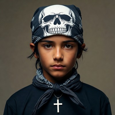 Boy wearing skull bandana and cross necklace