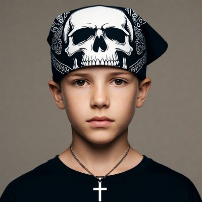 Boy wearing skull bandana necklace