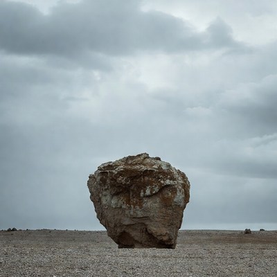 Large Rock in Desert Under Cloudy Sky