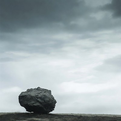 Large Boulder on Grassy Hill Under Stormy Sky