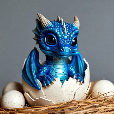 Blue baby dragon hatching from egg