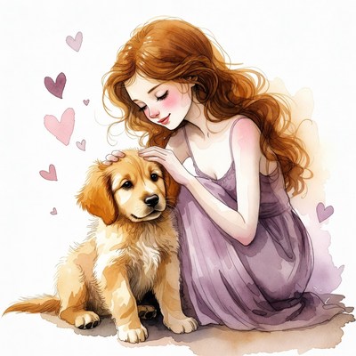 Woman petting golden retriever puppy