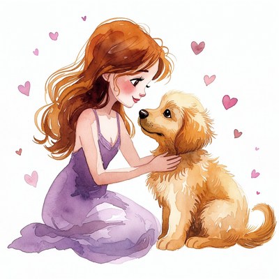 Woman hugging golden retriever puppy illustration