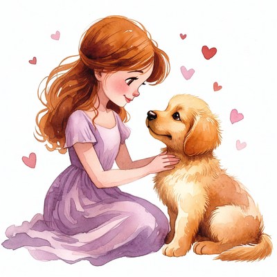 Girl petting golden retriever puppy