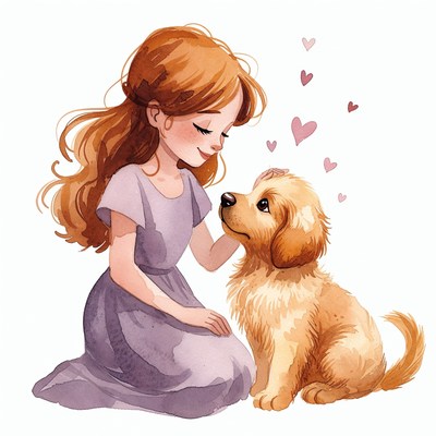 Girl petting golden retriever puppy