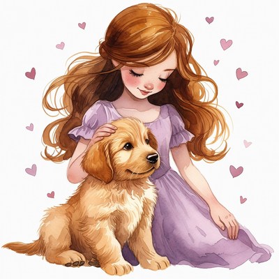 Girl petting golden retriever puppy illustration