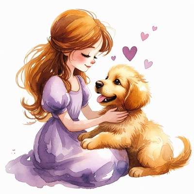Girl hugging golden retriever puppy illustration