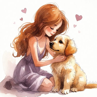 Girl hugging golden retriever puppy illustration