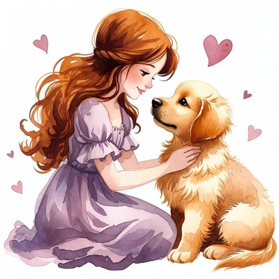 Girl hugging golden retriever puppy illustration
