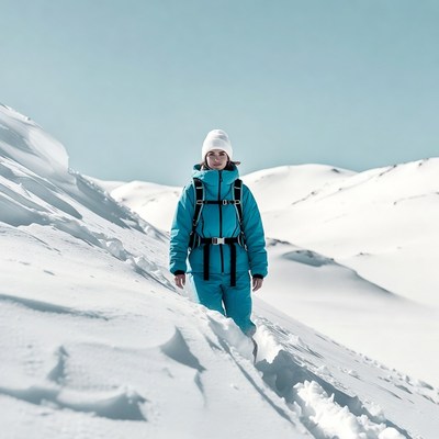 Woman hiking snowy mountains